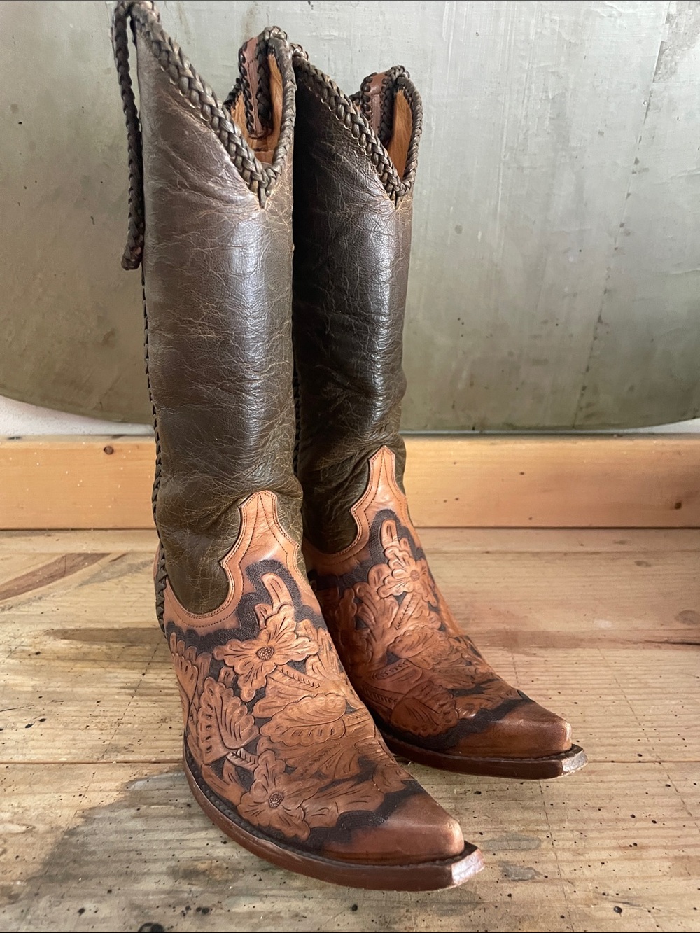 Old Gringo Brown and Olive Tooled Leather Heeled Cowboy Boots